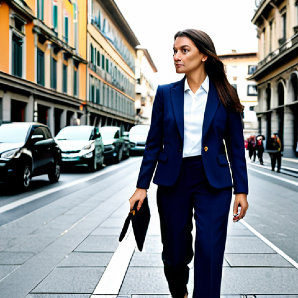**
"A professional businesswoman in a modest business suit, walking confidently on a busy street in Milan, Italy, with modern buildings in the background, fully clothed, appropriate attire, safe for work, perfect anatomy, natural proportions, professional photography, high quality"
**