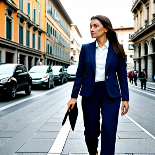 Home 11 **
"A professional businesswoman in a modest business suit, walking confidently on a busy street in Milan, Italy, with modern buildings in the background, fully clothed, appropriate attire, safe for work, perfect anatomy, natural proportions, professional photography, high quality"
**