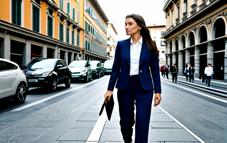**
"A professional businesswoman in a modest business suit, walking confidently on a busy street in Milan, Italy, with modern buildings in the background, fully clothed, appropriate attire, safe for work, perfect anatomy, natural proportions, professional photography, high quality"
**