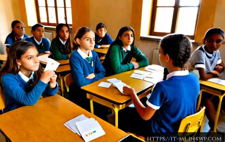 Home 15 언어적 편향과 교육 커리큘럼 - Photorealistic Italian middle school classroom in Rome, a diverse group of students listening as a t...